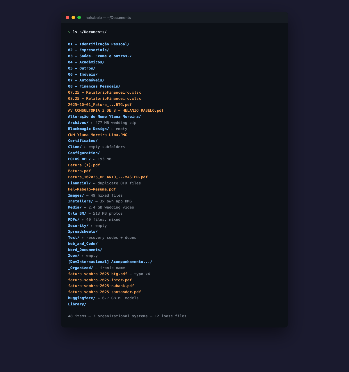 Documents folder before cleanup — 48 items, three organizational systems colliding