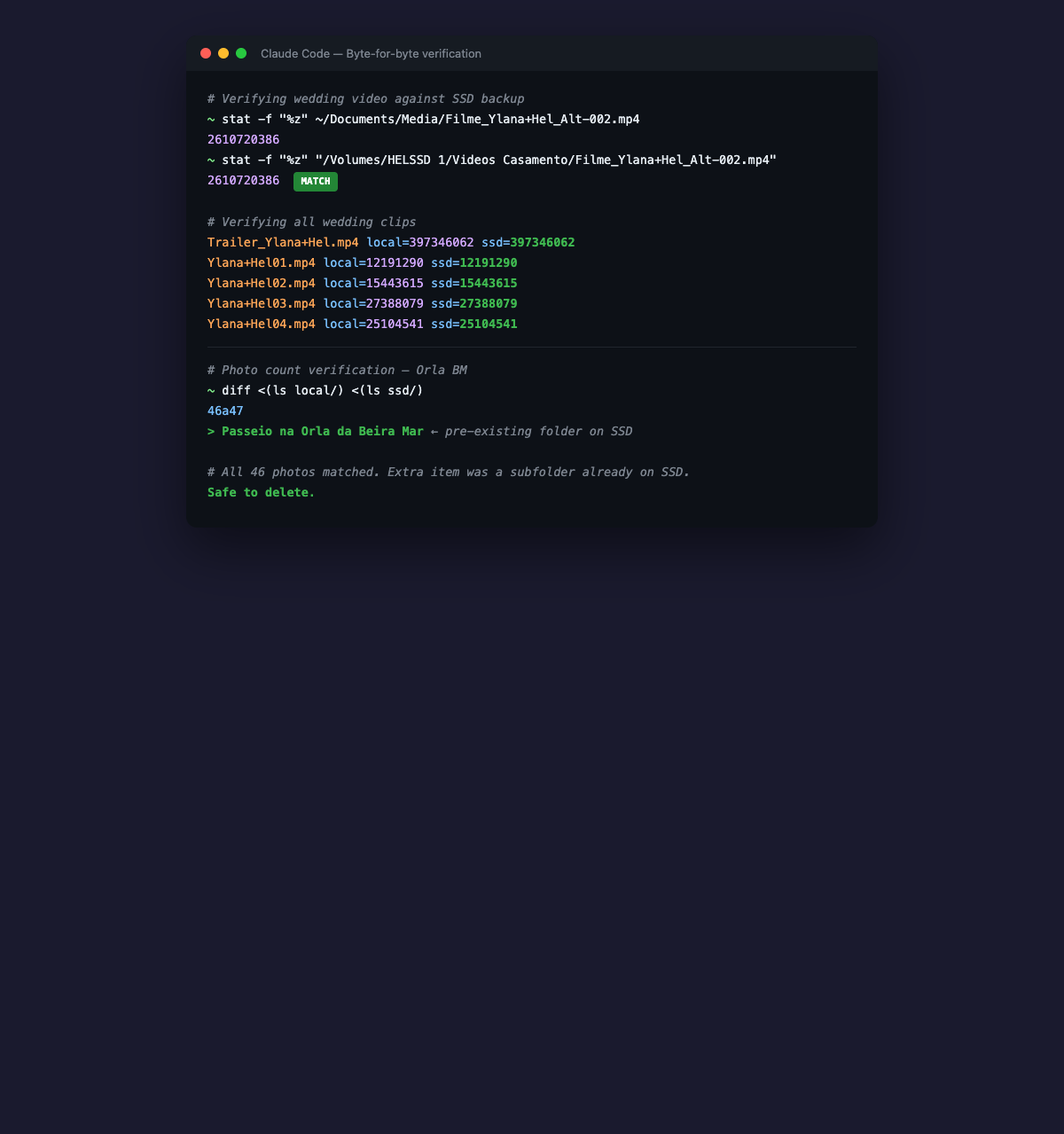 Claude Code verifying backups byte-for-byte before any deletion