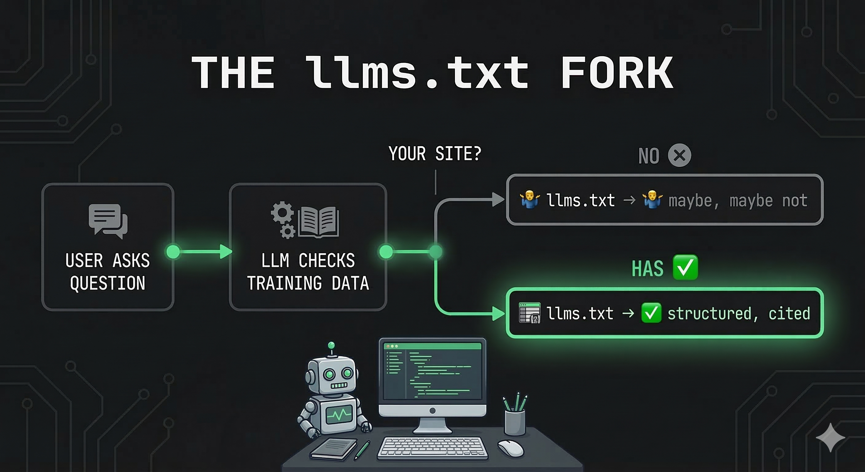 How a model finds your content — with and without llms.txt